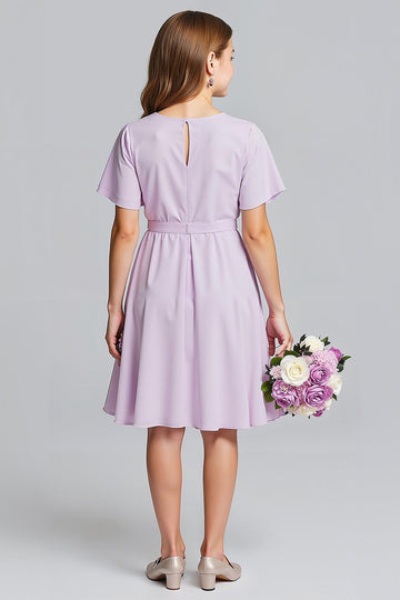 Robe de demoiselle d’honneur junior en mousseline de soie à col en V violet trapèze avec manches courtes